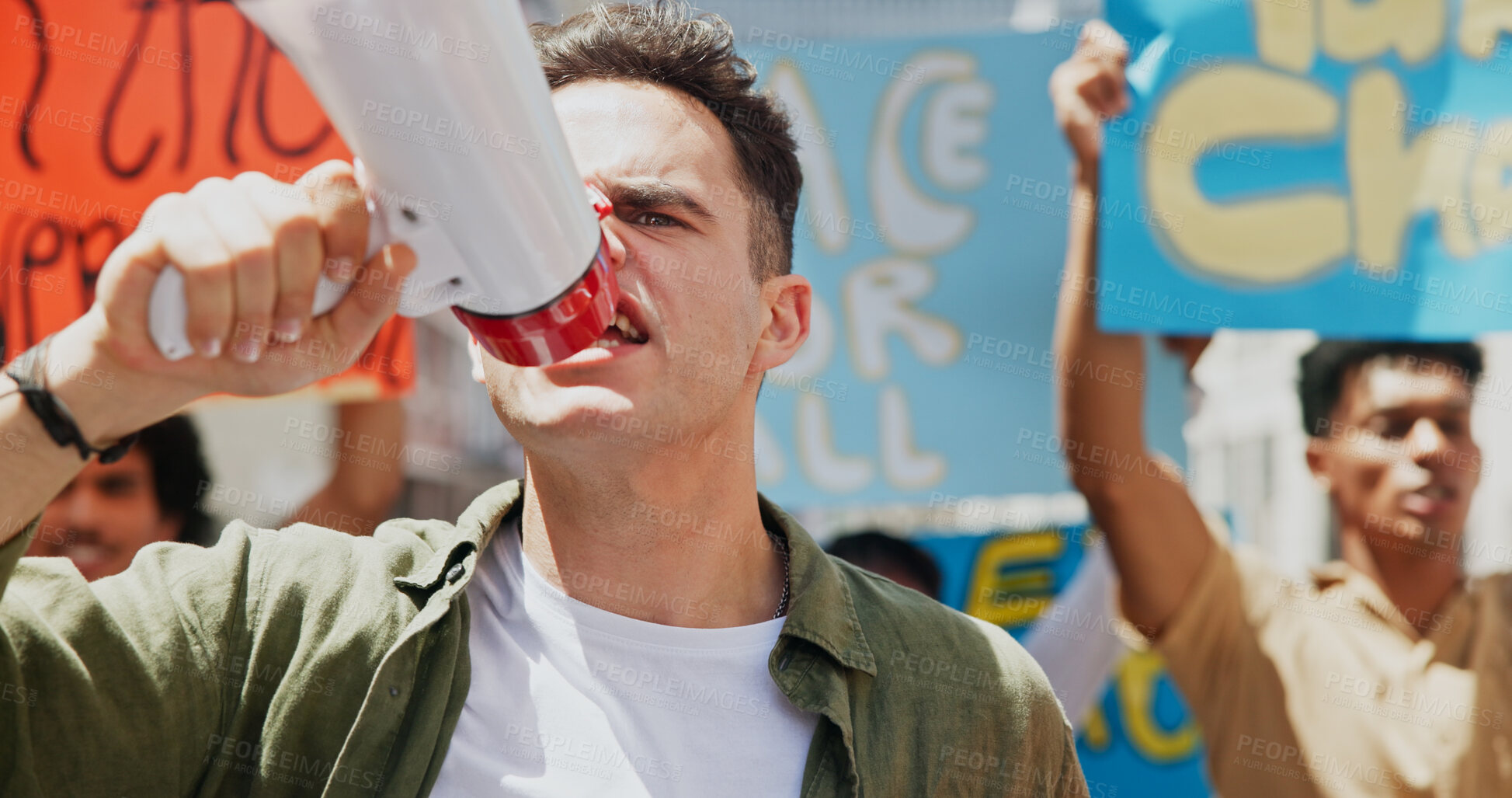 Buy stock photo Angry, shouting or man with bullhorn in protest for announcement, human rights or fight. People, revolution or crowd in rally with megaphone for voice, justice or community for change in government