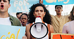 Strike, shouting and woman with megaphone in street for inflation, human rights or cost of living. Speaker, community and people in protest with bullhorn for rally, justice or higher wages for change