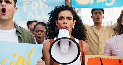 Buy stock photo Strike, shouting and woman with megaphone in street for inflation, human rights or cost of living. Speaker, community and people in protest with bullhorn for rally, justice or higher wages for change