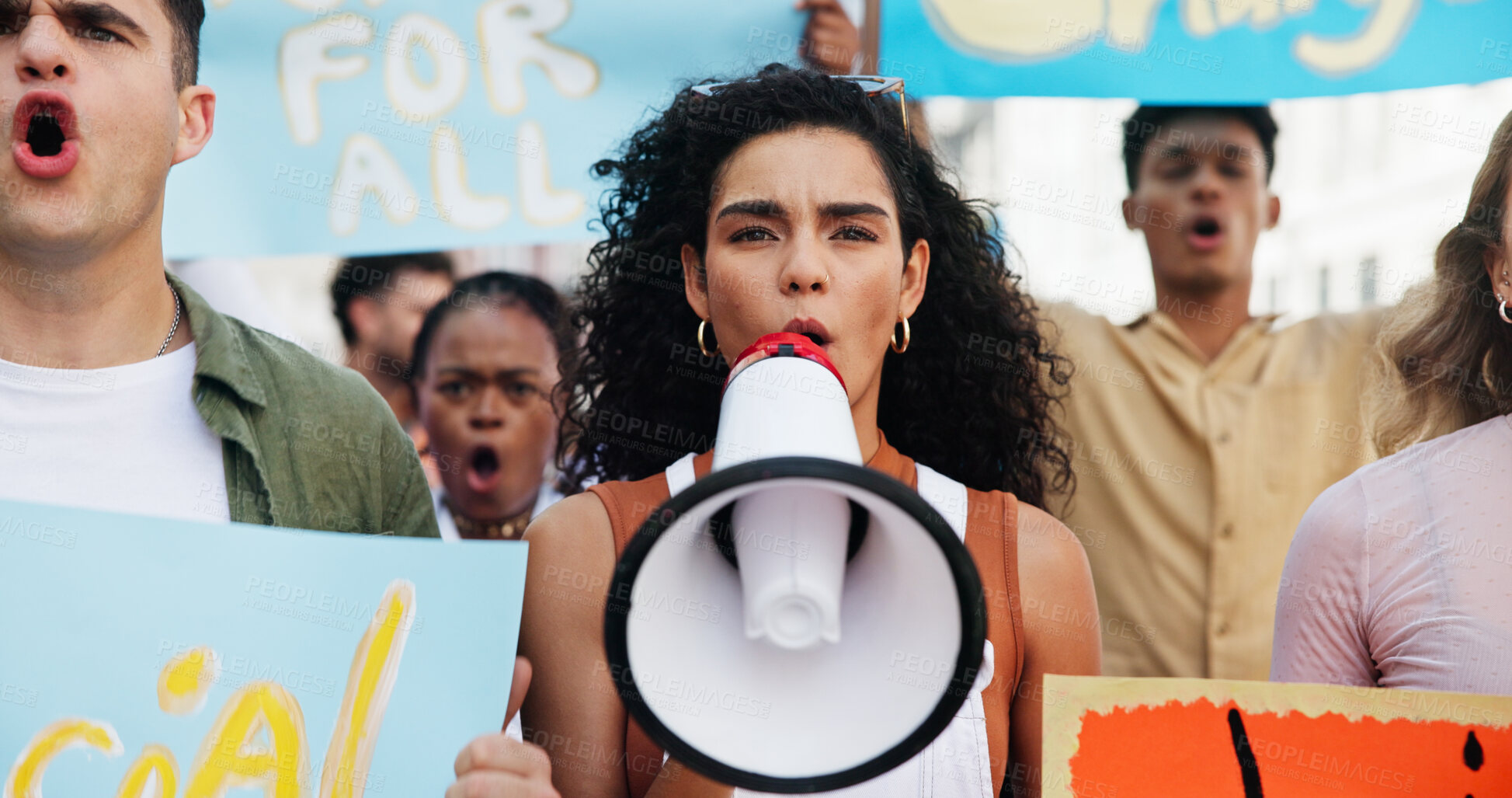 Buy stock photo Strike, shouting and woman with megaphone in street for inflation, human rights or cost of living. Speaker, community and people in protest with bullhorn for rally, justice or higher wages for change