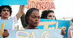 Group, rally and woman with poster in city for announcement, human rights and power. People, revolution and crowd in protest with sign for activism, justice and community for change in government 