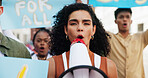 Community, shouting and woman with megaphone in city for inflation, human rights or cost of living. Speaker, portrait and people in protest with bullhorn for rally, justice or higher wages for change