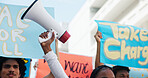 Strike, people and hands with megaphone in street for inflation, human rights or cost of living. Speaker, community and group in protest with bullhorn for rally, justice or higher wages for change