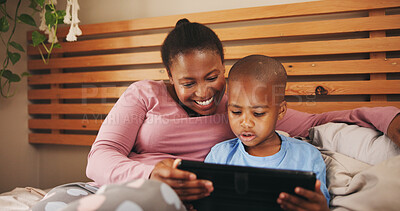 Buy stock photo Relax, tablet and black mother with child in bed for bonding with watching movie, video or film. Happy, morning and African mom with kid on digital technology for streaming series together in home.