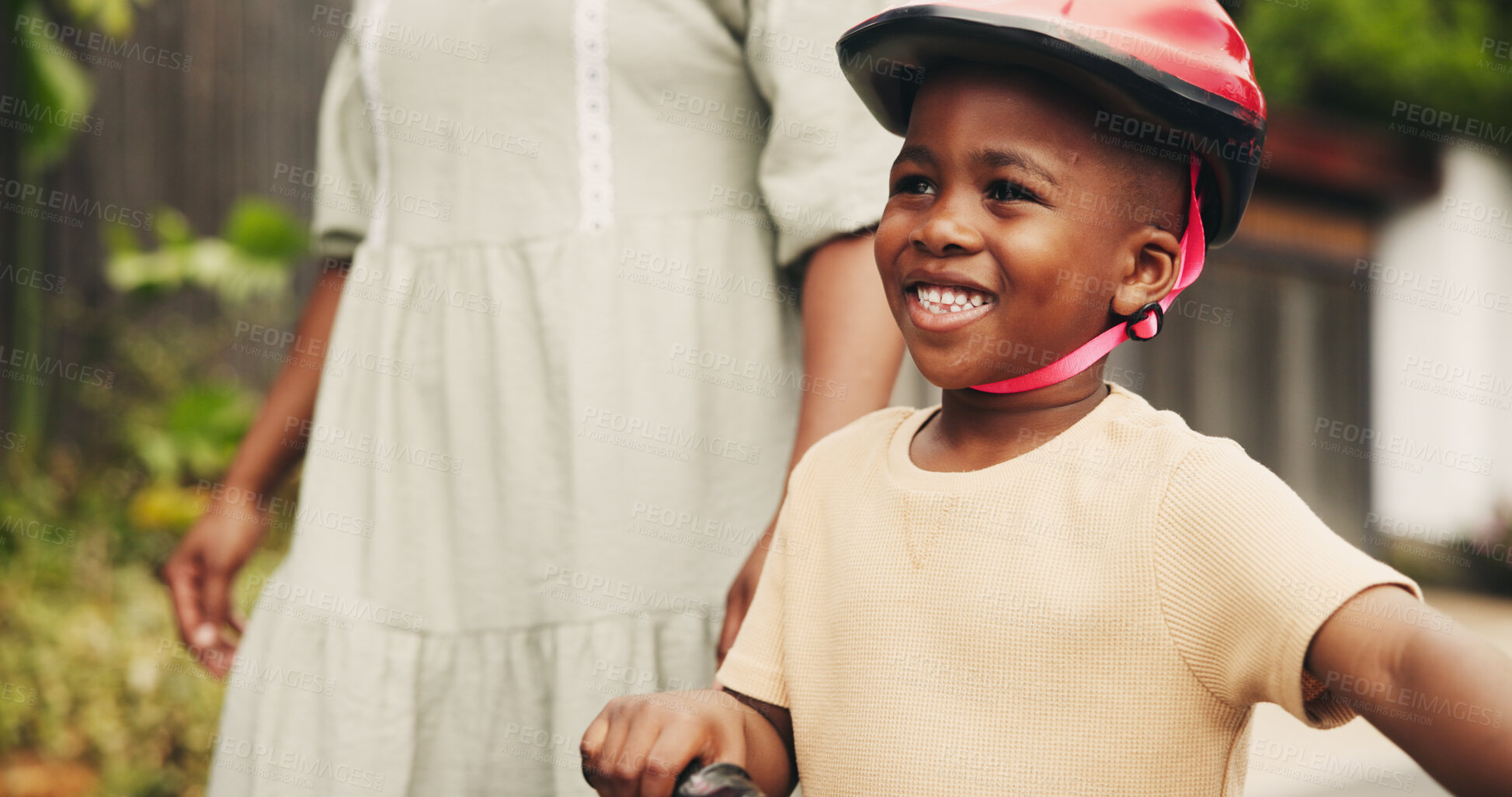 Buy stock photo Support, learning and happy boy on bike with mom on street of neighborhood for child development. Smile, love or African kid with trust, help or single mother teaching son how to ride bicycle outside