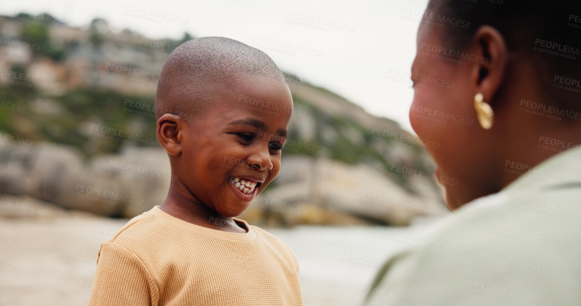 Buy stock photo Happy, black family and child with mom on beach for vacation, holiday or weekend in nature. Kid, son and smile with mother on ocean coast, sandy shore or sea for travel, trip or childhood together