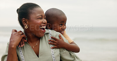 Buy stock photo Hug, mom and child on trip, beach and happy for adventure on vacation, laughing or family in nature. Summer holiday, outdoor and black person with son, together and bonding with kid on weekend
