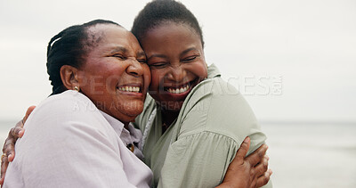 Buy stock photo Mature mother, daughter and hug on beach for travel, holiday and getaway trip. Women, African family and space with embrace for love, retirement vacation and bonding together for affection in nature