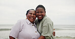 Portrait, mother and daughter with hug on beach for travel, summer holiday and getaway. Smile, African family and embrace with mature woman, tropical vacation and bonding together on trip in nature