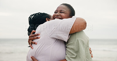 Buy stock photo Happy, mother and black woman with hug on beach for travel, holiday and family trip. Outdoor, African parent and embrace with mature mom, tropical vacation and affection for love or bonding together