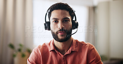 Buy stock photo Video call, portrait and freelancer with man in home office for webinar, virtual conference or chat. Connection, remote work and online meeting POV with person or headset for communication or network