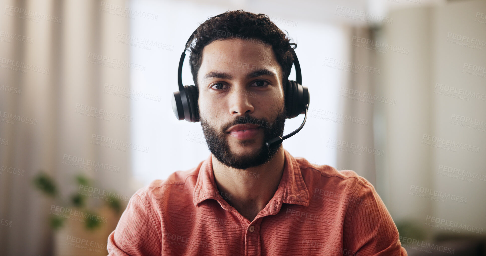 Buy stock photo Video call, portrait and freelancer with man in home office for webinar, virtual conference or chat. Connection, remote work and online meeting POV with person or headset for communication or network