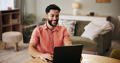 Buy stock photo Man, smile and laptop with remote work from home with update, good news or funding for project. Person, happy and computer for freelance copywriting, notification or deal for editing job at apartment
