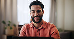 Man, happy and laptop with remote work from home with update, good news or funding for project. Person, smile and computer for freelance copywriting, notification or deal for editing job at apartment