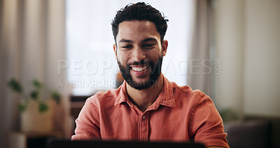 Buy stock photo Man, happy and laptop with remote work from home with update, good news or funding for project. Person, smile and computer for freelance copywriting, notification or deal for editing job at apartment