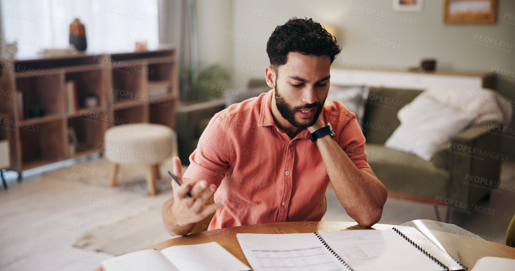 Buy stock photo Stress, finance and man with paperwork in home for mortgage, loan payment and taxes. Worry, frustrated and person with documents, account bills and debt for budget, financial crisis and inflation
