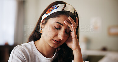 Buy stock photo Headache, stress and woman in home with burnout, fatigue or exhaustion with flu symptoms. Illness, sick and female person in living room with migraine, brain fog or muscle tension in apartment.