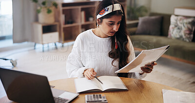 Buy stock photo Finance, laptop and woman in home with paperwork for budget planning, savings or payment. Reading, accounting and person with documents, bills and invoice for financial review, online taxes or report