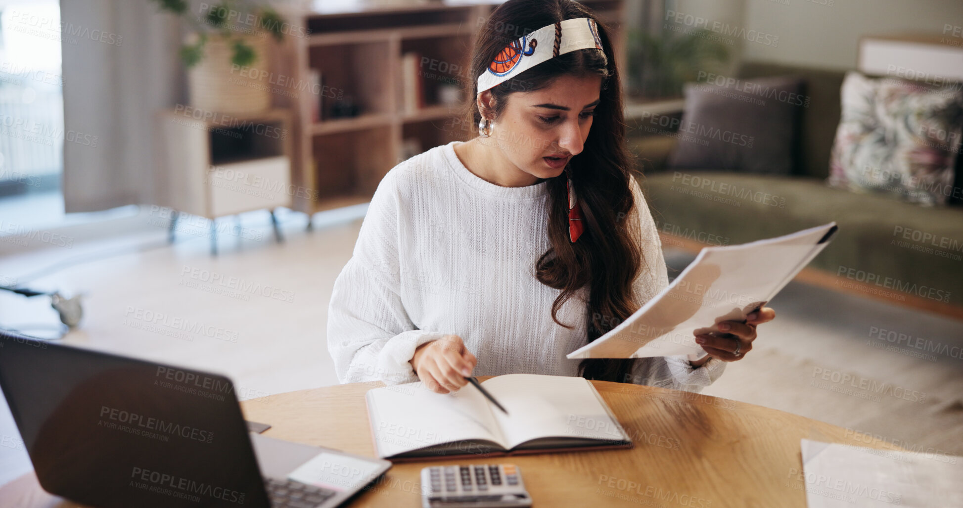 Buy stock photo Finance, laptop and woman in home with paperwork for budget planning, savings or payment. Reading, accounting and person with documents, bills and invoice for financial review, online taxes or report