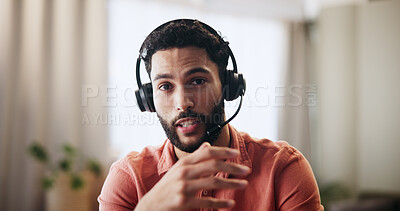 Buy stock photo Portrait, teacher and man on video call for remote work, online education or virtual lesson in home. Speaking, headset and elearning with freelance tutor for help, study and teaching english in POV