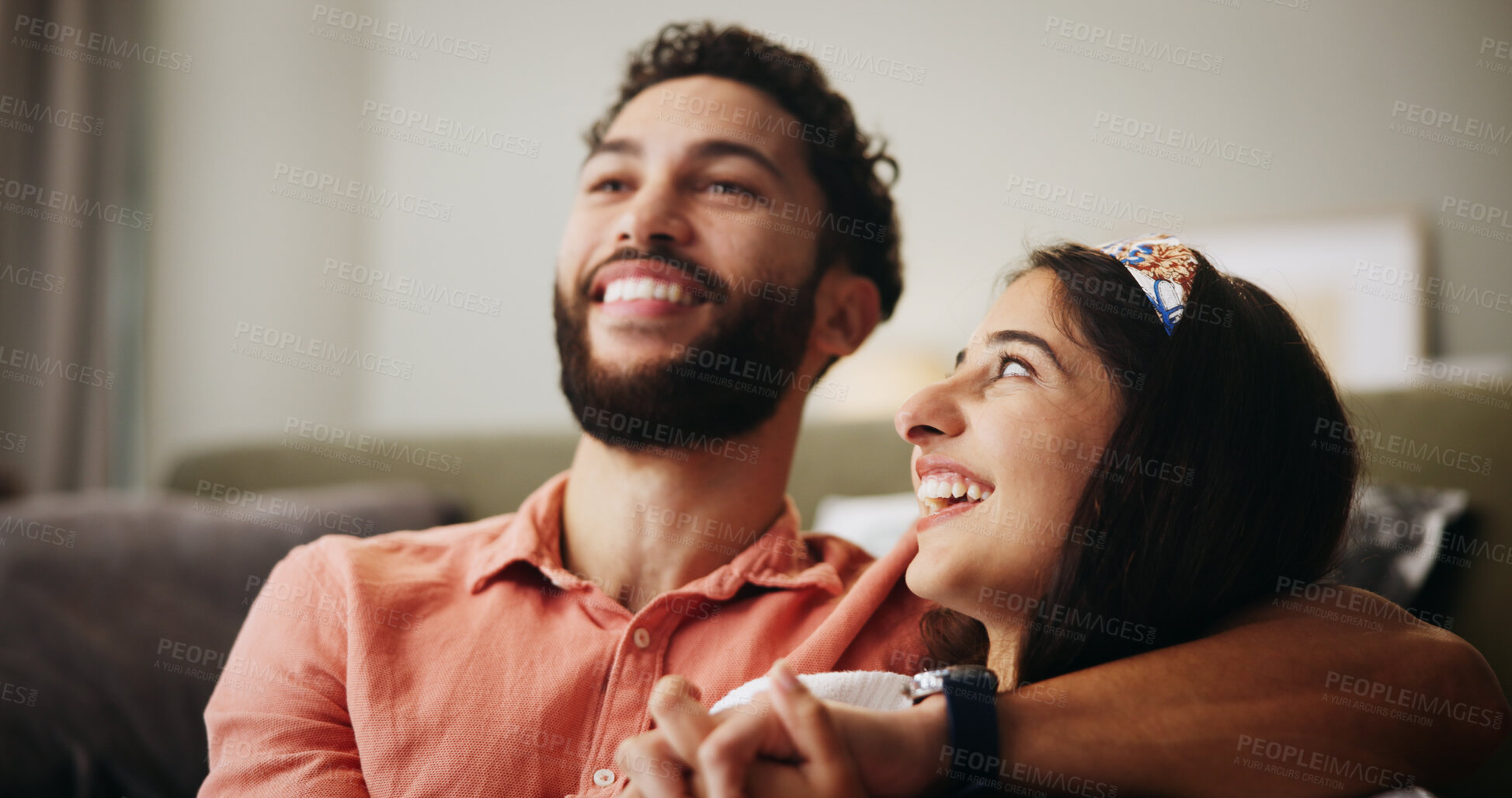 Buy stock photo Hug, happy couple and comedy in living room with smile, bonding and weekend date in apartment. Embrace, man and woman with love in house for relationship, laugh or funny joke in home lounge for break