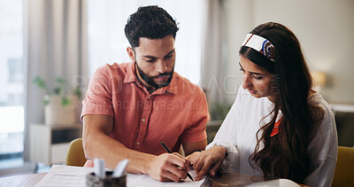 Buy stock photo Finance, paperwork and couple in home for planning, savings and payment invoice for mortgage. Marriage, signature and man with woman with documents, budget and financial expenses for tax bills