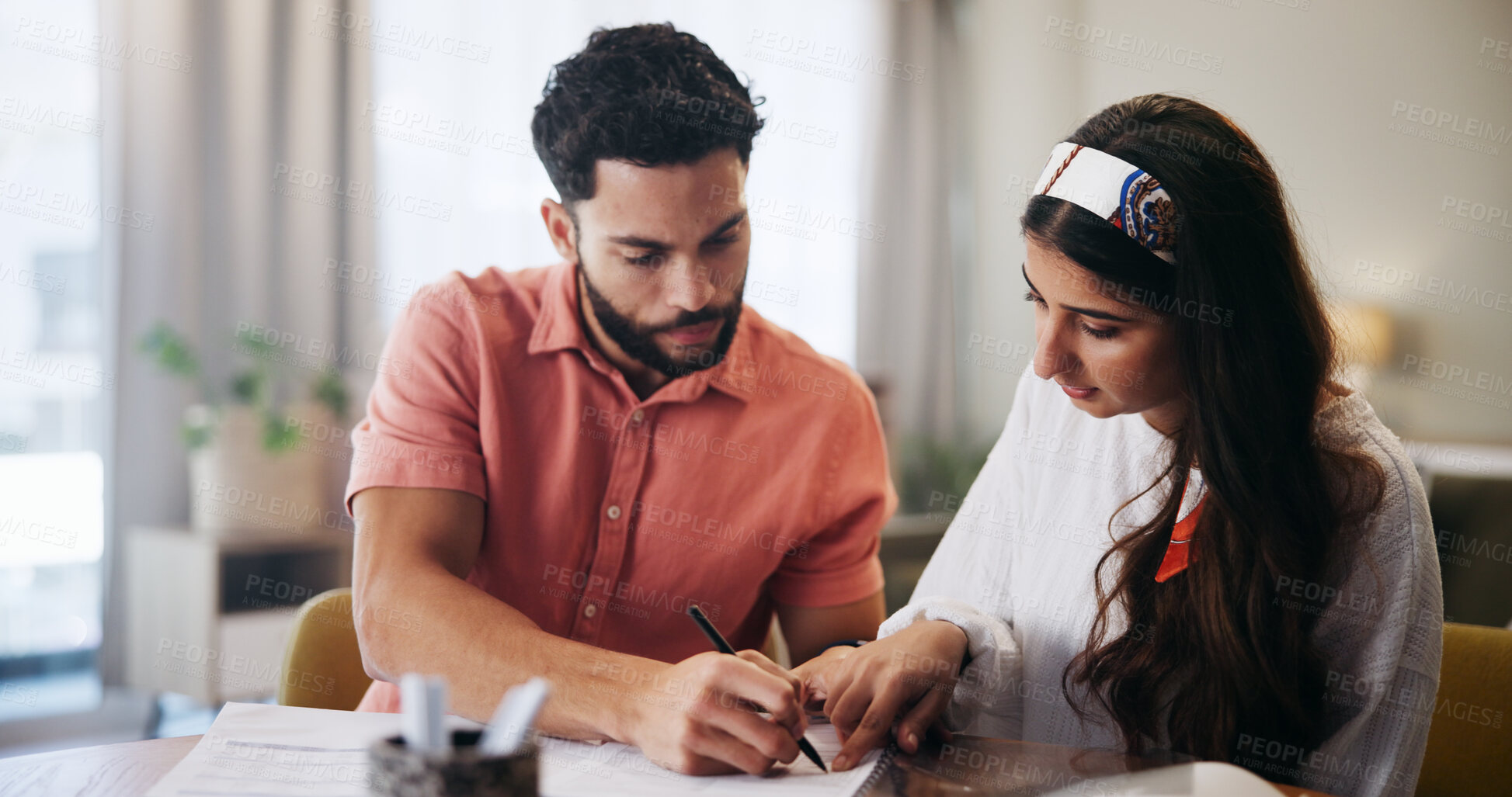 Buy stock photo Finance, paperwork and couple in home for planning, savings and payment invoice for mortgage. Marriage, signature and man with woman with documents, budget and financial expenses for tax bills