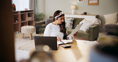 Buy stock photo Documents, stress and woman with debt for financial loss, savings plan and loan report. Taxes review, calculator and person with anxiety or paperwork in home for investment budget or final notice