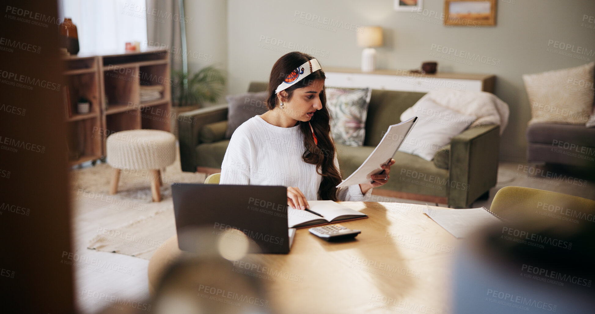 Buy stock photo Documents, stress and woman with debt for financial loss, savings plan and loan report. Taxes review, calculator and person with anxiety or paperwork in home for investment budget or final notice