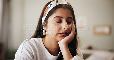 Buy stock photo Bored, tired and sleepy woman in home with stress, exhausted or rest for laziness. Fatigue, burnout and person in living room with insomnia, sleepless and low energy with depression or narcolepsy