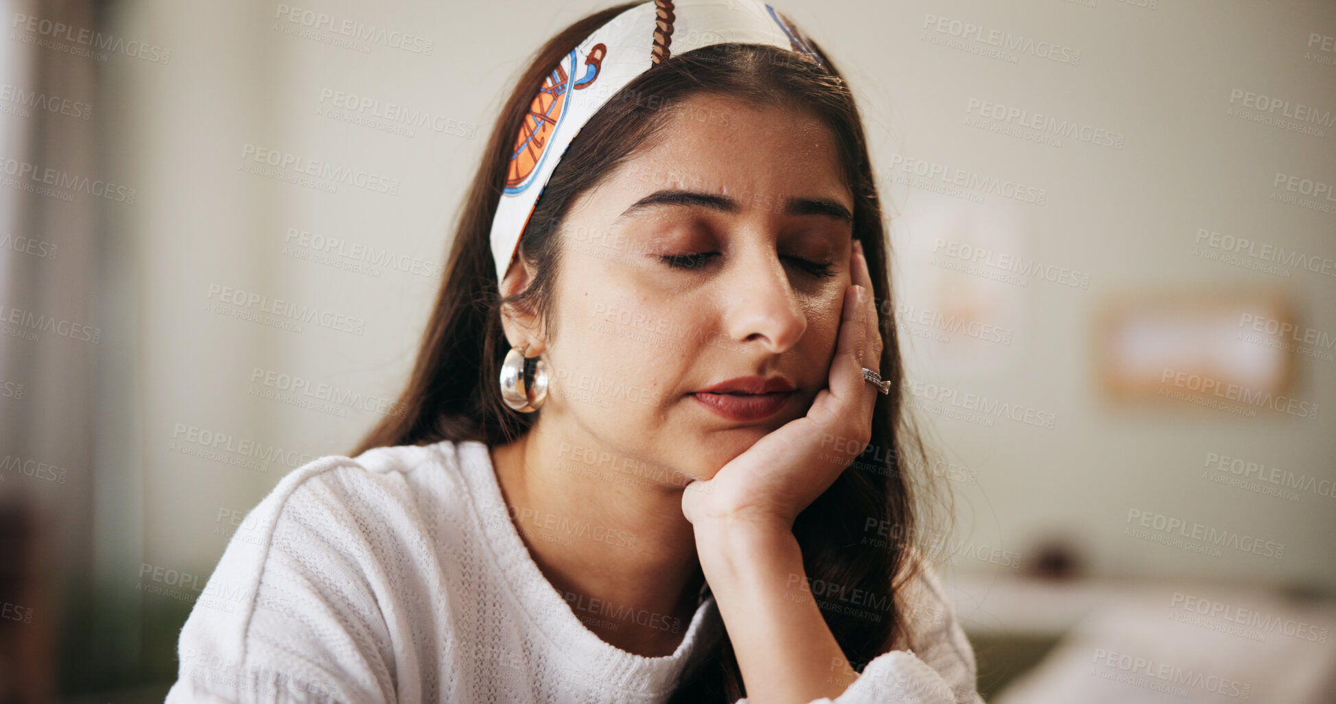 Buy stock photo Bored, tired and sleepy woman in home with stress, exhausted or rest for laziness. Fatigue, burnout and person in living room with insomnia, sleepless and low energy with depression or narcolepsy