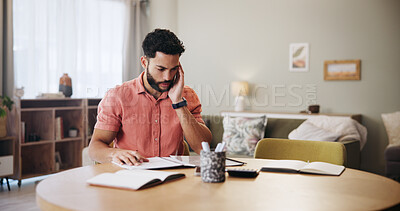 Buy stock photo Finance, thinking and man in home with paperwork for budget planning, savings or investment with worry. Stress, debt and person with documents, bills and invoice for financial review, taxes or report