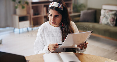 Buy stock photo Finance, stress and woman in home with documents for financial planning, savings and investment. Anxiety, worry and person with paperwork, bills and taxes for mortgage, debt payment and expenses