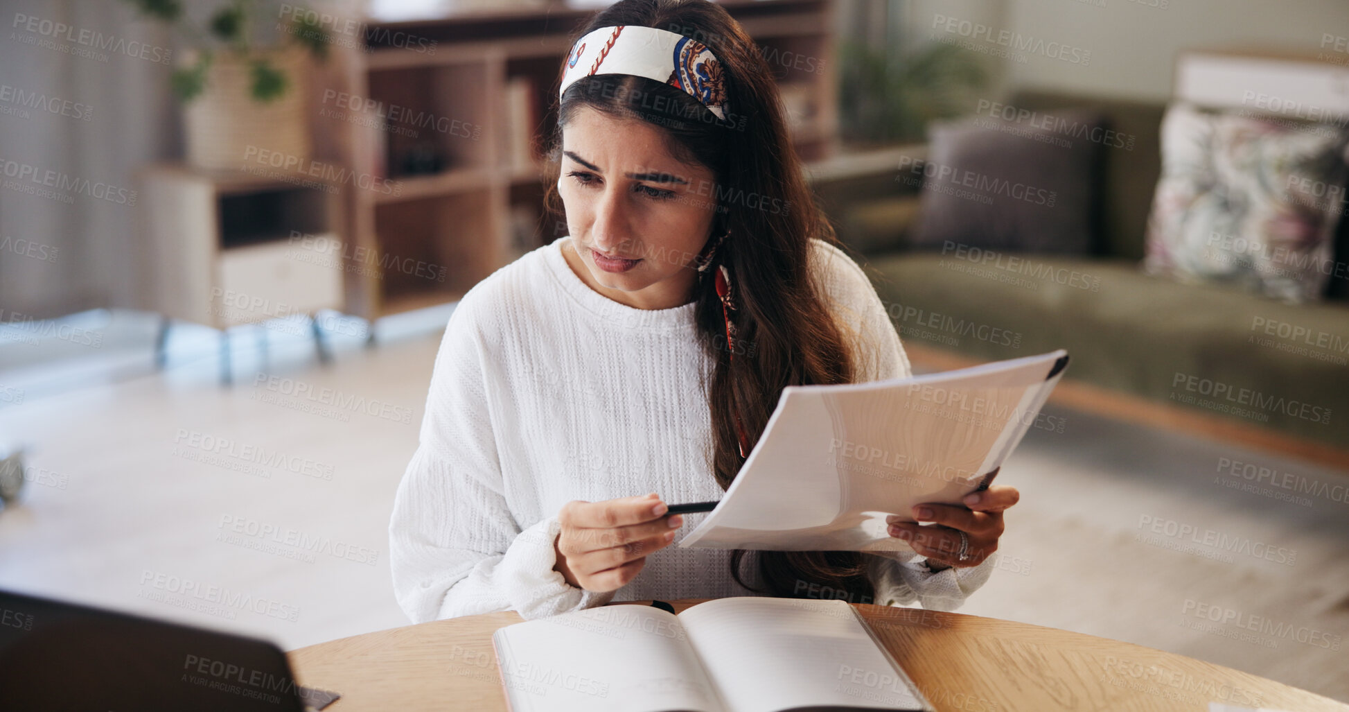 Buy stock photo Finance, stress and woman in home with documents for financial planning, savings and investment. Anxiety, worry and person with paperwork, bills and taxes for mortgage, debt payment and expenses