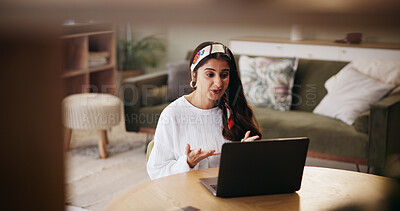 Buy stock photo Video call, talking and woman on laptop in remote work for consulting or online briefing. Freelancer, house or female consultant in webinar with question for review, communication or virtual meeting