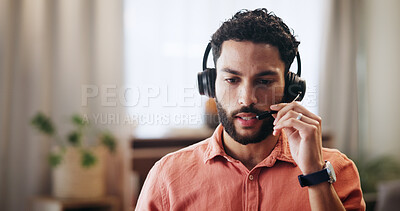 Buy stock photo Man, headset and conversation in home for remote work, virtual assistant for help or communication. Male person, call center and customer service hotline with agent, talk and explanation for support
