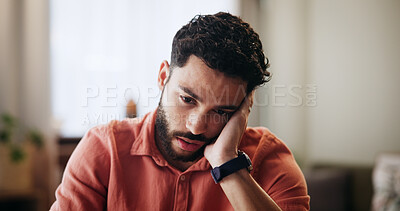 Buy stock photo Sad, depression and thinking with man in home with anxiety, broken heart or tired of loneliness. Worry, regret or unhappy person in house with mental health crisis, reflection or headache with stress