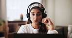Computer, teacher and woman with headset for remote work, online education or virtual lesson in home. Talking, elearning and webinar with tutor for video call, studying and teaching math course