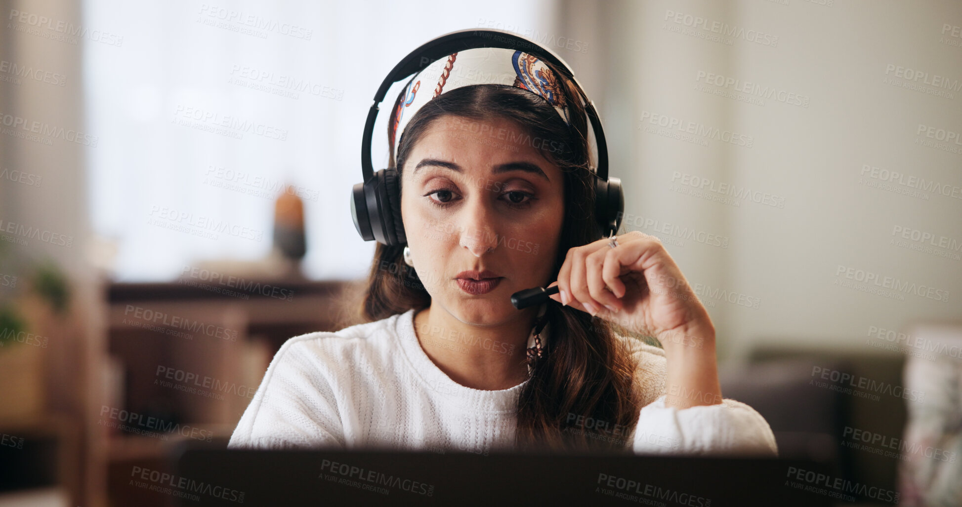 Buy stock photo Computer, teacher and woman with headset for remote work, online education or virtual lesson in home. Talking, elearning and webinar with tutor for video call, studying and teaching math course