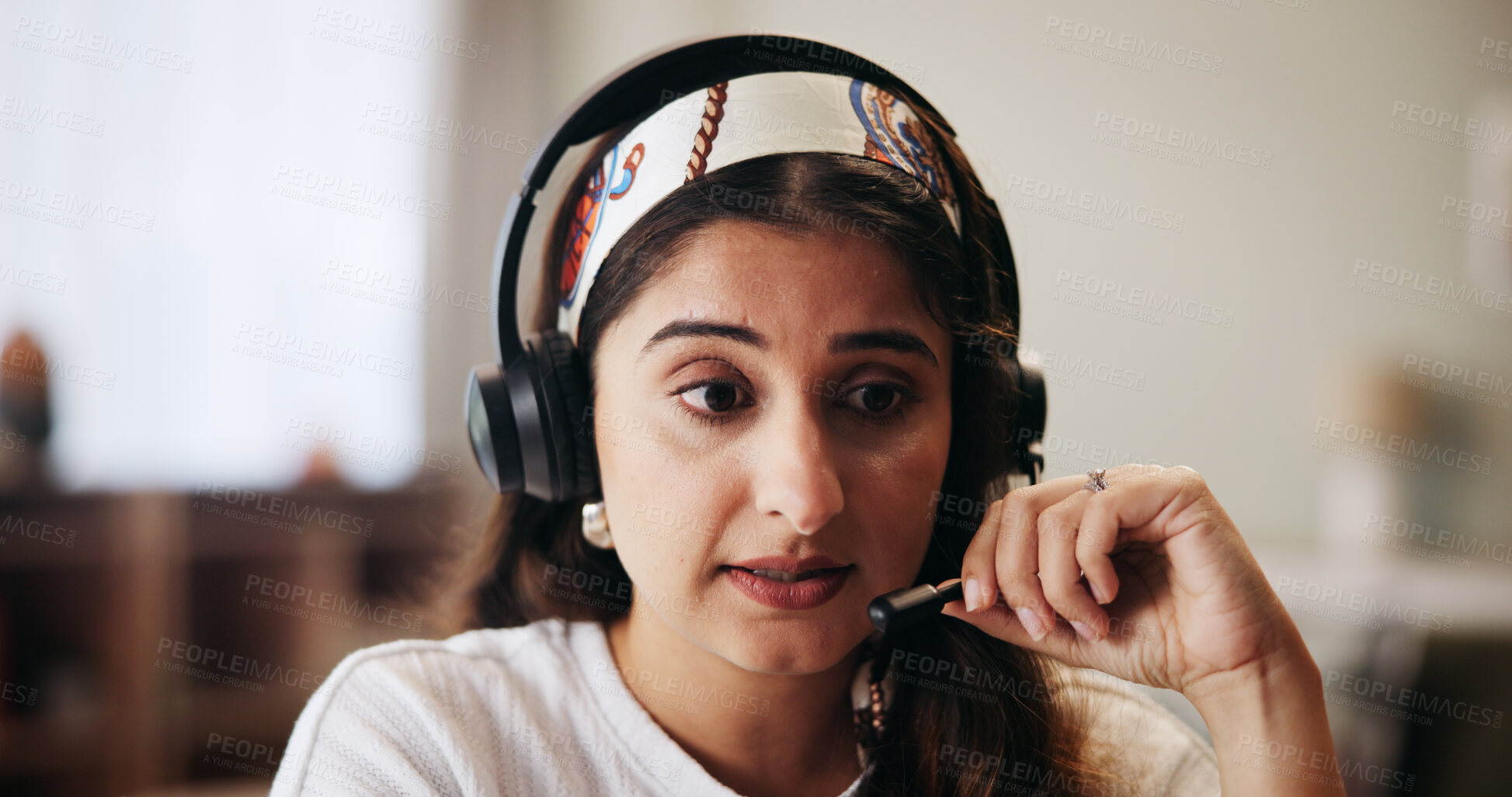 Buy stock photo Talking, teacher and woman with headset for remote work, online education or virtual lesson in home. Speaking, face and elearning with freelance tutor for help, studying and  teaching math on call