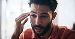 Man, frustrated and headache with brain fog, anxiety or depression in debt, mistake or financial crisis in home. Tired, male person and pain with migraine, pressure or strain in bankruptcy at house