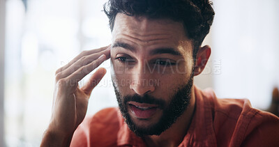 Buy stock photo Man, frustrated and headache with brain fog, anxiety or depression in debt, mistake or financial crisis in home. Tired, male person and pain with migraine, pressure or strain in bankruptcy at house