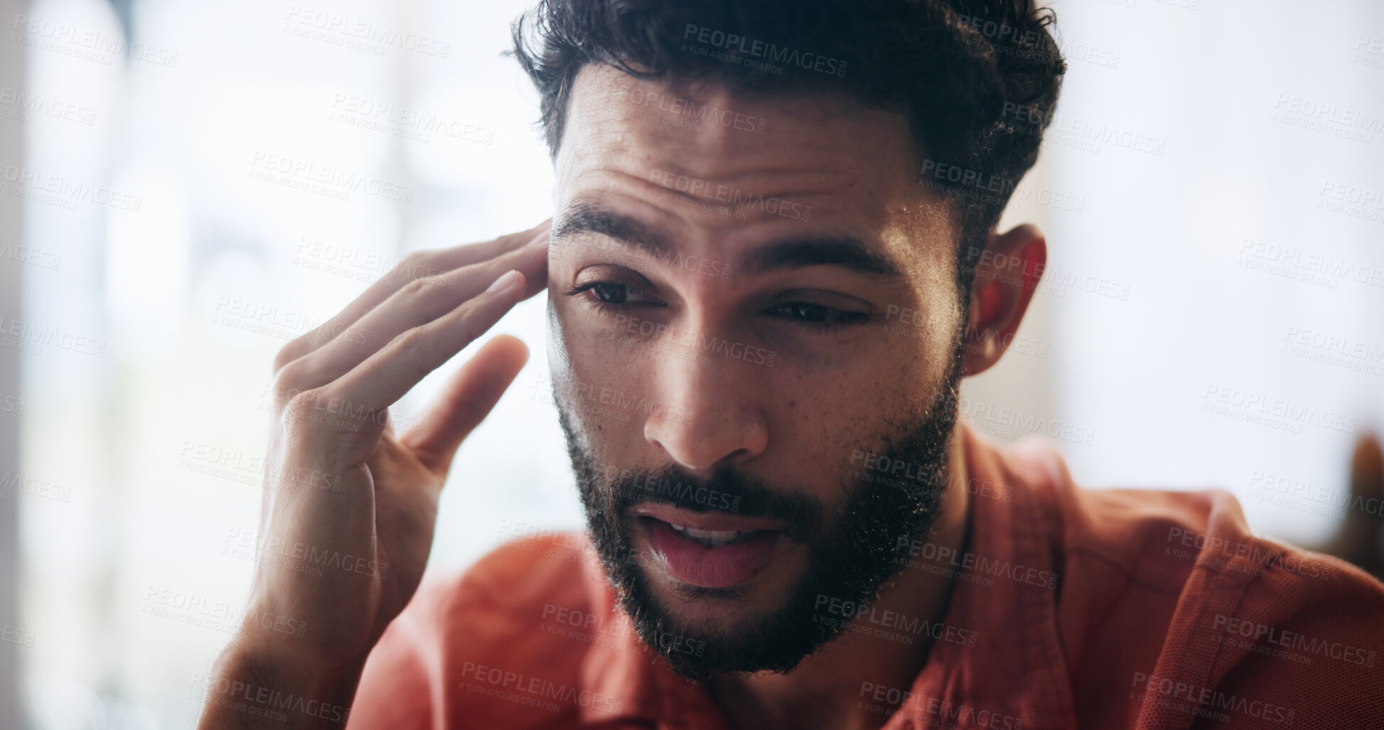 Buy stock photo Man, frustrated and headache with brain fog, anxiety or depression in debt, mistake or financial crisis in home. Tired, male person and pain with migraine, pressure or strain in bankruptcy at house