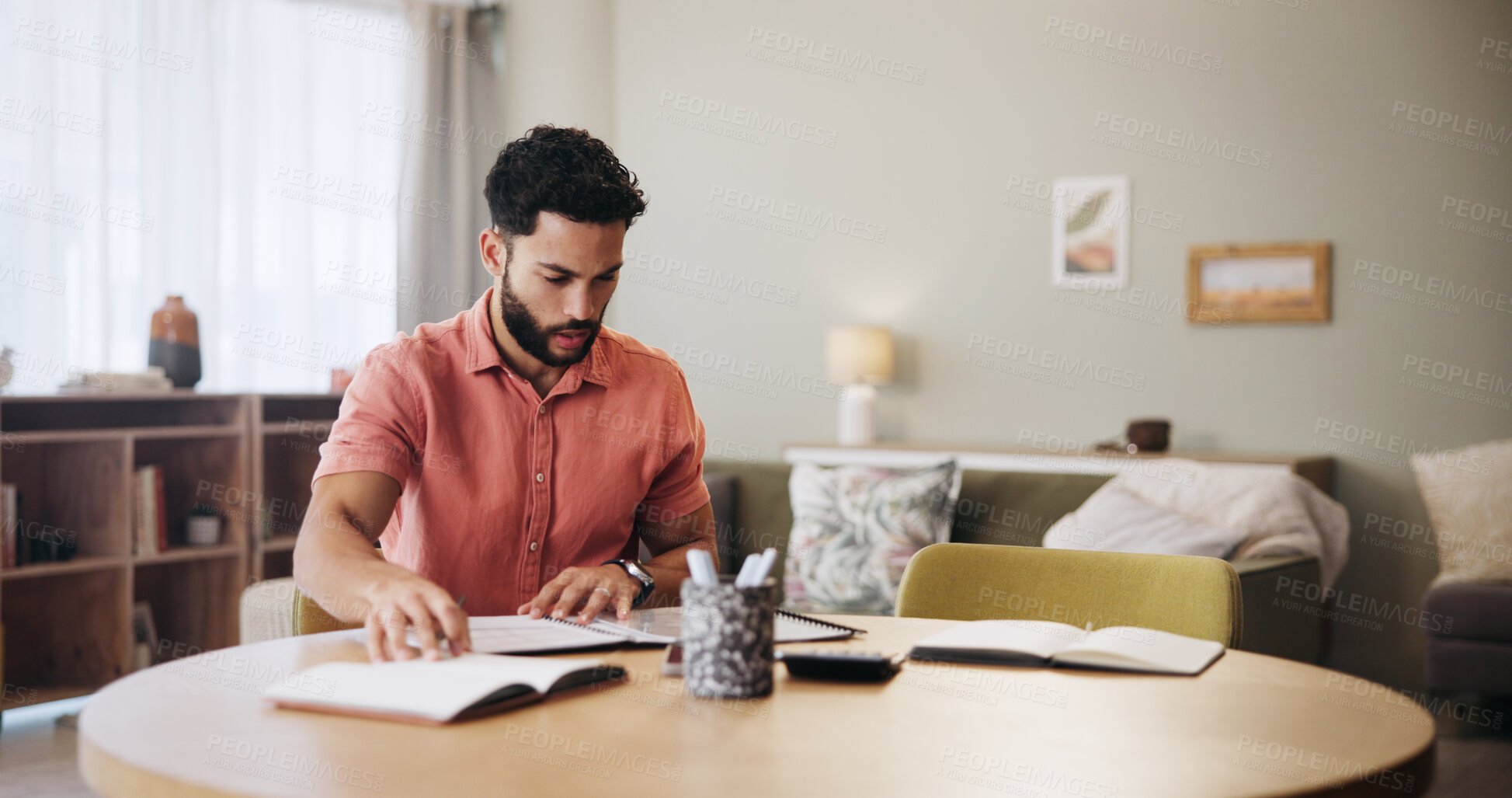 Buy stock photo Finance, budget and man in home with documents for financial planning, savings and investment. Reading, payment and person with paperwork, bills and invoice for mortgage, tax review and report