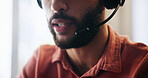 Man, headset and mouth for remote work, virtual receptionist or assistant for help in home. Male person, call center and customer service hotline with agent, talk and conversation for support
