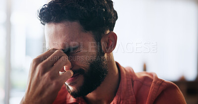 Buy stock photo Man, frustrated and stress with headache, anxiety or depression in debt or mistake in home. Tired, male person and pain with migraine, pressure or strain in bankruptcy in house lounge with burnout