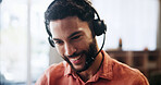 Man, headset and smile for remote work, virtual receptionist or assistant for help in home. Male person, call center and customer service hotline with agent, talk and conversation for support
