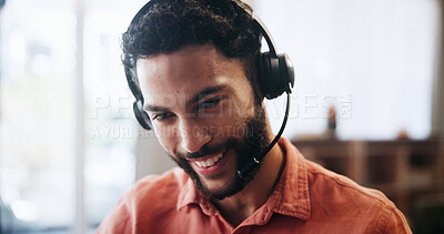 Buy stock photo Man, headset and smile for remote work, virtual receptionist or assistant for help in home. Male person, call center and customer service hotline with agent, talk and conversation for support