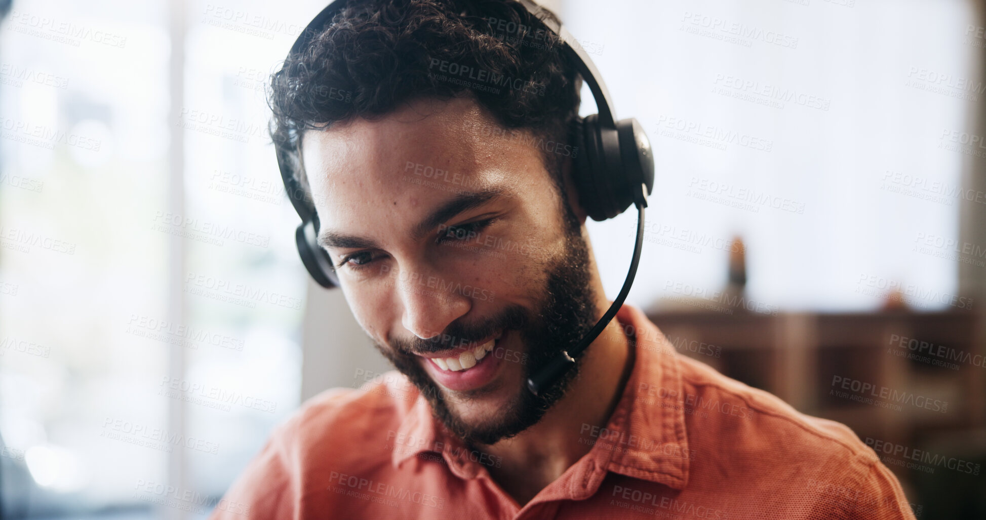 Buy stock photo Man, headset and smile for remote work, virtual receptionist or assistant for help in home. Male person, call center and customer service hotline with agent, talk and conversation for support