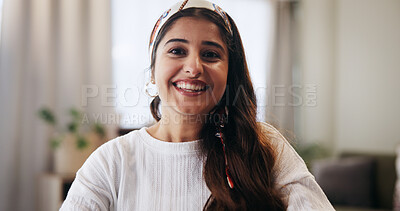 Buy stock photo Happy, video call and portrait of woman in home for webinar, online conference or job interview. Smile, POV and face of female person from Brazil with virtual communication, contact or social network